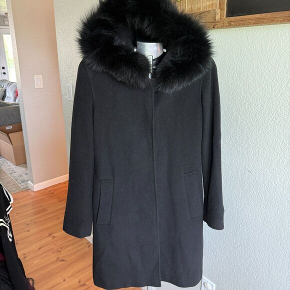 Ellen Tracy Wool Blend Blue Fox Fur Lined Hooded Button Up Overcoat Evening 4 - Picture 1 of 6